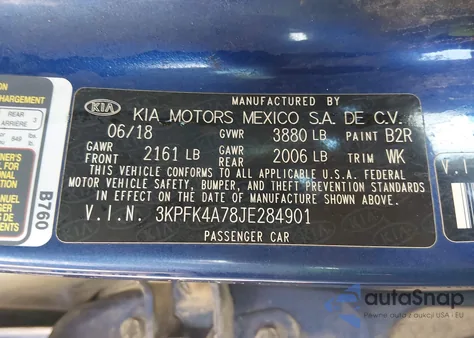 2018 Kia Forte Lx z USA, uszkodzony, nr VIN 3KPFK4A78JE284901